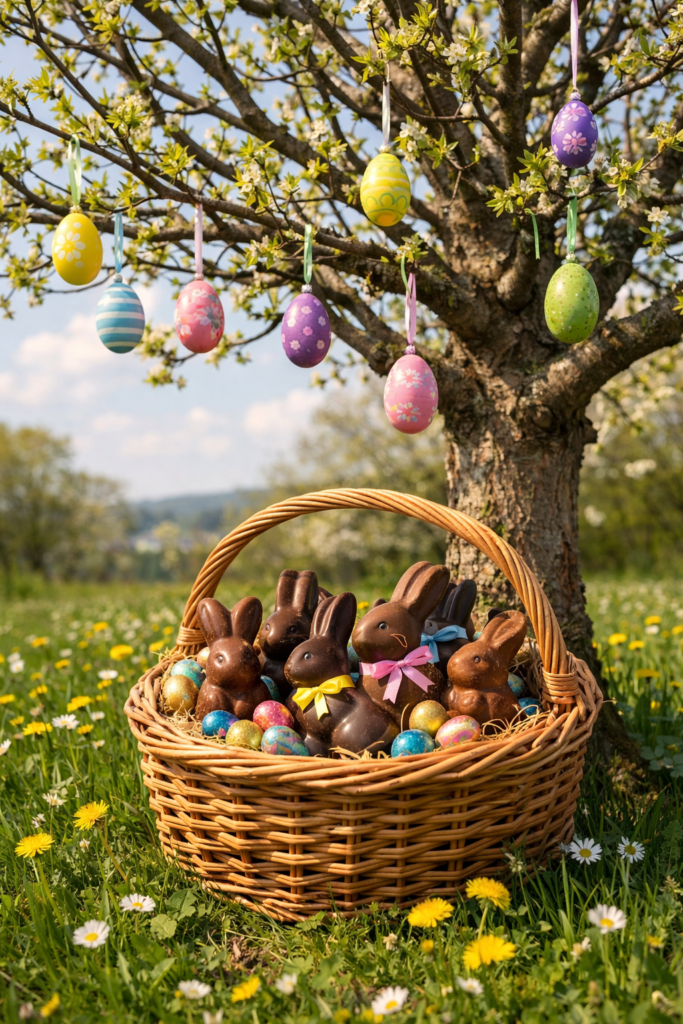 A spring tree is home to easter eggs hanging from the branches. An Easter basket full of chocolate bunnies sits at the base.